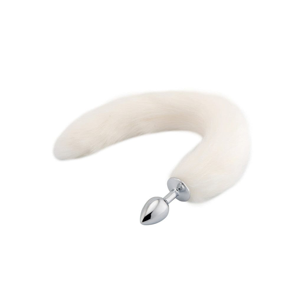 This is an image of Charming White Cat Tail Butt Plug 17 Inches Long with 2.95-inch plug and 14.17-inch faux fur tail, offering a unique blend of pleasure and playfulness.