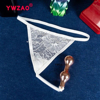 You are looking at an image of Anal Plug Thong showcasing the elegant lace thong and gleaming metal plug options.