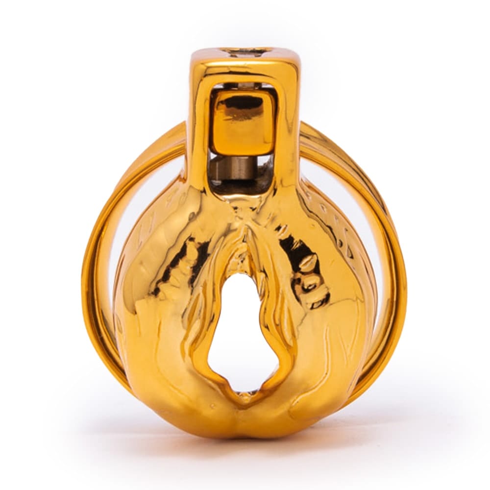 Image of the Small Gold Sissy Clit Cage, a metal cage providing security and durability for a unique experience.
