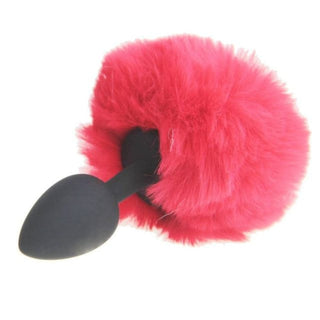 Cute Black Silicone Bunny Tail Butt Toy with fluffy synthetic fur tail.
