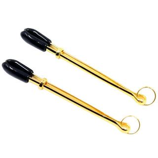 Check out an image of Golden Nipple Clamps for Couples, measuring 2.87 in length to provide a balance between comfort and effective stimulation, enhancing sensitivity and pleasure.