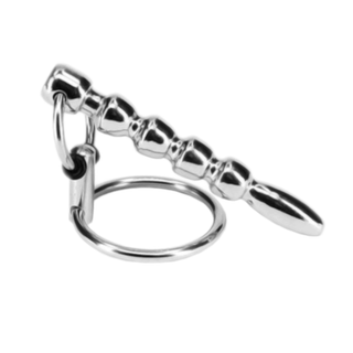 What you see is an image of Beaded Urethral Sound With Cock Ring, stainless steel material, silver color, 5.12 total length, 2.56 insertable length, 0.35 bead width.