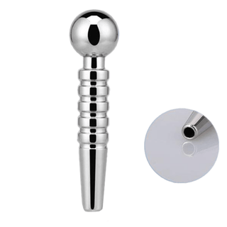 This is an image of Manic Mic Penis Sound, a silver-colored urethral plug with a threaded ball for easy removal.