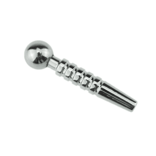 Observe an image of Manic Mic Penis Sound, a stainless steel beaded plug with ribbed design for heightened pleasure.