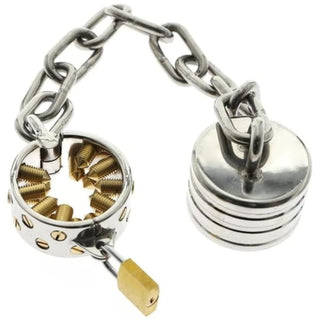 In the photograph, you can see an image of Spiked Ball Stretcher Shackle Weights Penis, a high-grade stainless steel tool with spikes for enhanced sensory play.