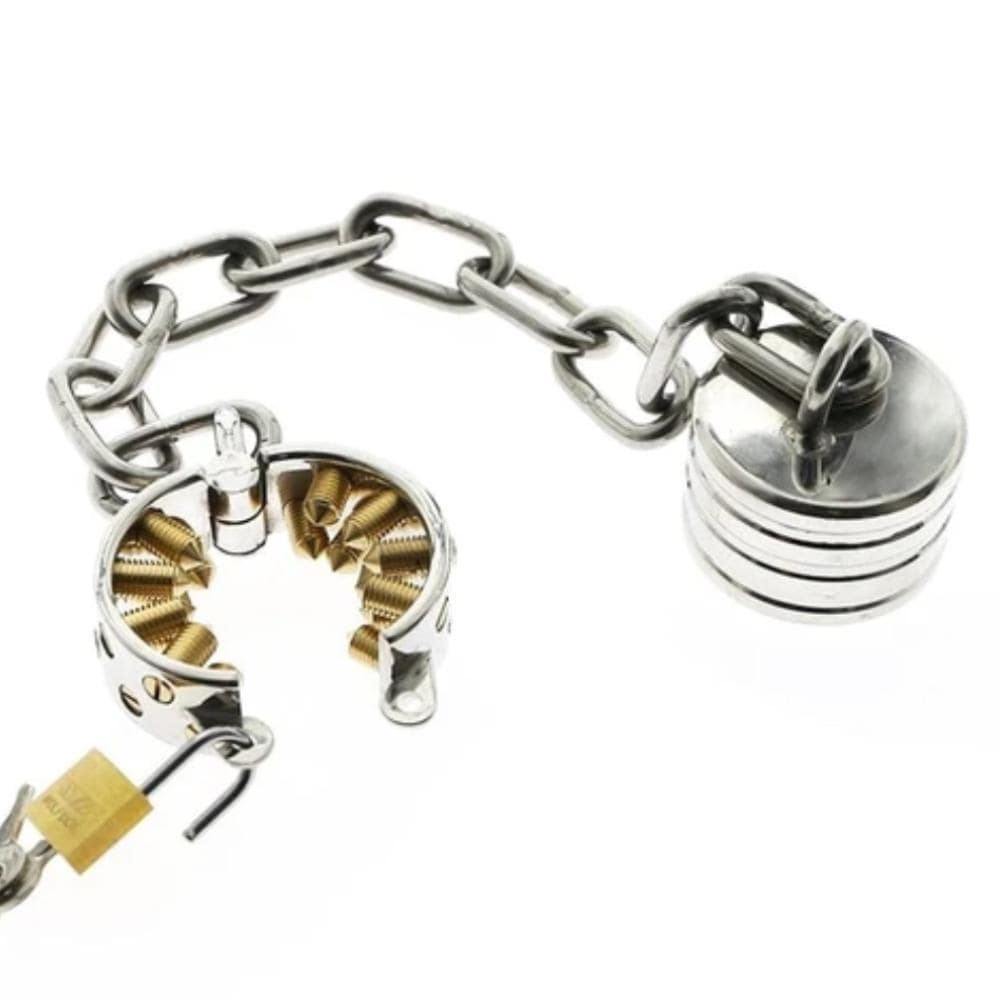 Take a look at an image of Spiked Ball Stretcher Shackle Weights Penis, boasting a diameter of 1.5 inches and exquisite craftsmanship.