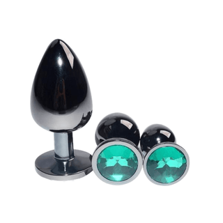 Bright Black Jeweled Metal Butt Plug 3pcs Set