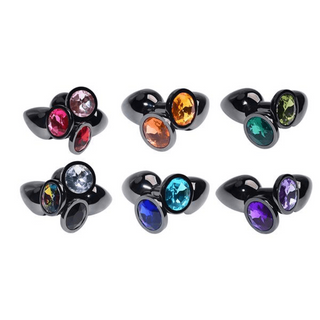 Displaying an image of the luxurious trio of metal butt plugs in glossy black finish adorned with glittering rhinestones.