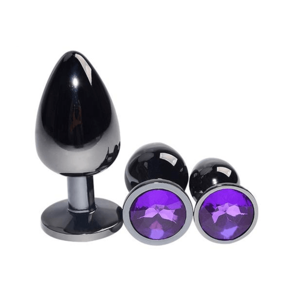 Bright Black Jeweled Metal Butt Plug 3pcs Set