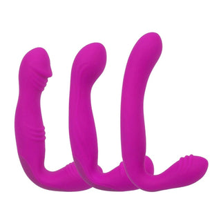 Image of Rechargeable L-Shaped Pegging Strapless Dildo with hinged metal ring for comfortable fit and velvety silicone cage.
