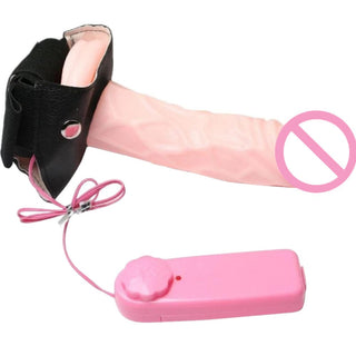 Take a look at an image of a lifelike Pegging 7-Inch Hollow Vibrating Strap On made of premium silicone for a comfortable and safe intimate experience.