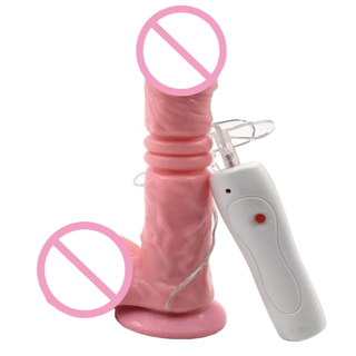 What you see is an image of Powerful Thrusting Dildo Vibrator Remote in flesh color made of silicone.