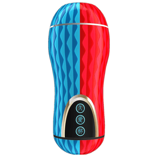 Displaying an image of Pinching Sensation Tight Pocket Pussy, a red and blue intimate toy designed for ultimate pleasure.