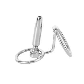 Observe an image of Hollow Steel Urethral Dilator With Cock Ring providing intense stimulation and snug fit.