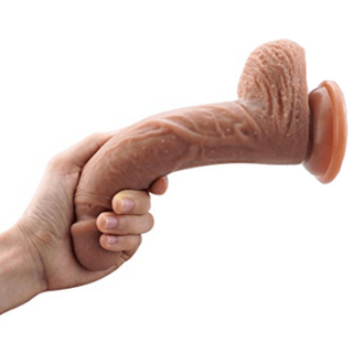 A detailed view of Pegging Is Fun 8 Inch Dildo for Couples, showcasing its lifelike design with pronounced veins and bulbous head for G-spot or prostate stimulation.