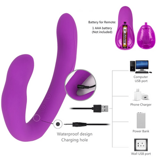 What you see is an image of a purple Strap On Remote Vibrator made of silicone material for intimate pleasure.