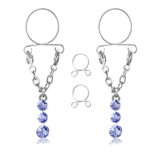 Stylish clip-on clamps featuring silver and blue faux nipple rings for an exciting and alluring play.