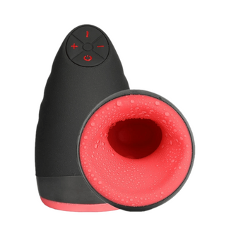 Displaying an image of Sensation Overload 6-Speed Heated Vibrator Pussy in black and red color, made of silicone material.