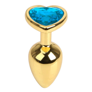 Featuring an image of Heart-Shaped Jewel Stainless Steel Gold Pretty Plug 2.76 Inches Long with purple jewel base.