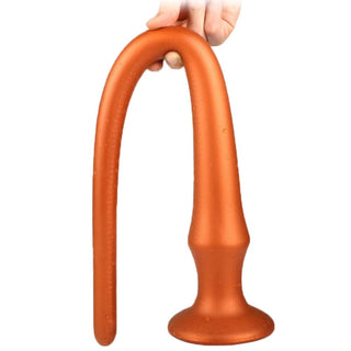 View of a flexible and body-safe silicone dildo designed for deep anal penetration.