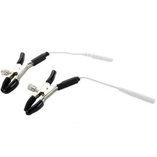 Featuring an image of Electro Stimulation Nipple Electrodes, stainless steel clamps designed for electrifying pleasure.