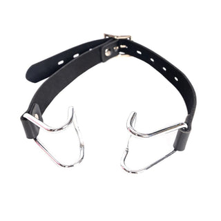 Check out an image of Sadistic Delight Mouth Gag in black PU leather with nose and mouth hooks for BDSM play.