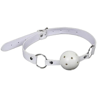 Pictured here is an image of Breathable Ball Gag Drool Generator in red color with adjustable strap and PVC gag ball.