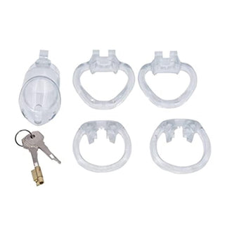 Take a look at an image of Transparent Holy Chastity Trainer specifications, highlighting its clear color and durable resin material.