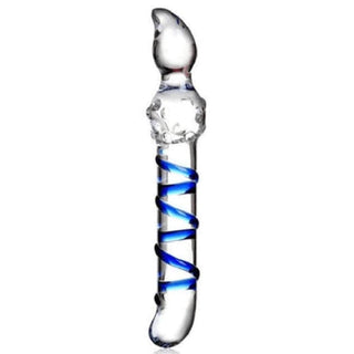 Clear glass anal dildo with blue candy cane design for intense pleasure.