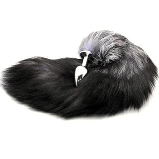 What you see is an image of Foxy Gray Ash Fox Tail 17 Inches Long Plug, showcasing the elegant silver anal plug and dark faux fur tail.
