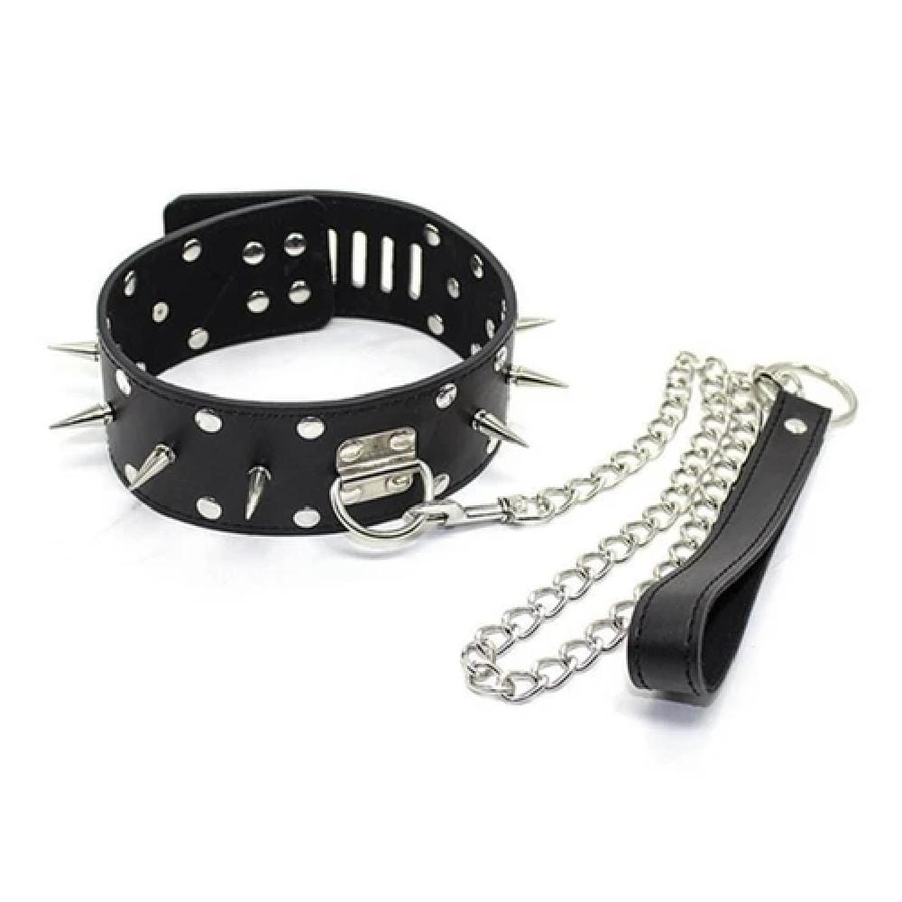 Black Barbed Leather Collar With Leash