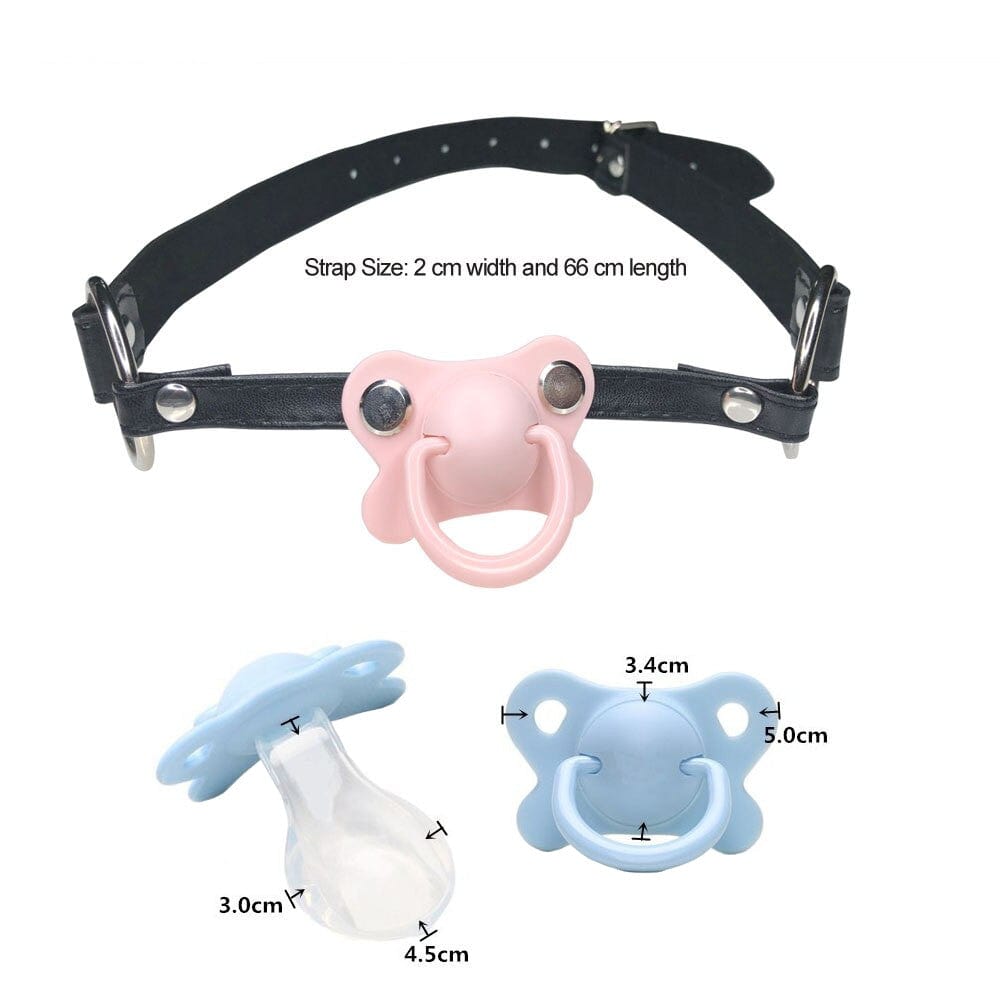Adult Baby Gag with colorful pacifier options and PU leather strap for exciting role-play.