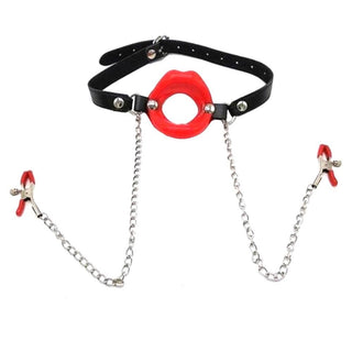 You are looking at an image of Slave Punishment Gag With Nipple Clamps in red color with stainless steel chain and clamps.