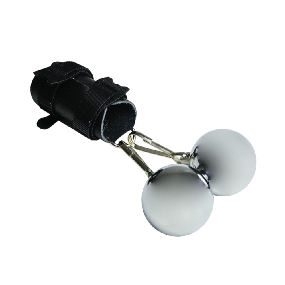 Presenting an image of Scrotum Stretcher Ball Weights in black synthetic leather and metal with adjustable straps and detachable weights.