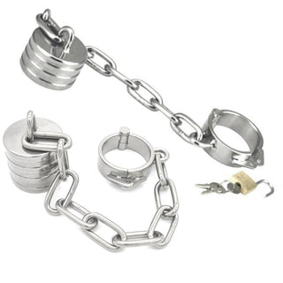 Metallic scrotum penis stretcher weight with stainless steel construction and adjustable weight options.
