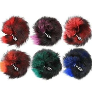 Observe an image of Super Fluffy and Colorful Fox Tail 22 Inches Long Butt Plug with sleek, firm shape and rainbow faux fur tail.