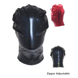 Presenting an image of Glossy Full Face Slave Hood in black and red PU leather material with zippered closure for sensory play.