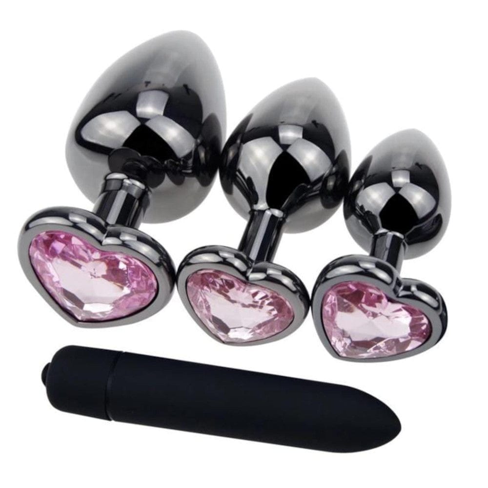 Here is an image of Cute Heart-Shaped Crystal Jewel Butt Trainer Kit and Bullet Vibrator 4pcs in black and pink color.