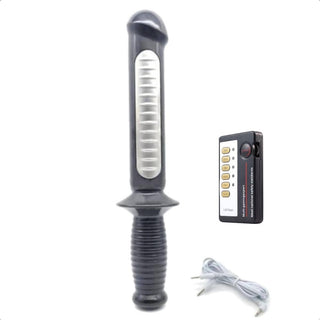In the photograph, you can see an image of Battery Powered Estim Dildo Playset featuring a black TENS unit and a black and red dildo with adjustable settings for electrifying pleasure.