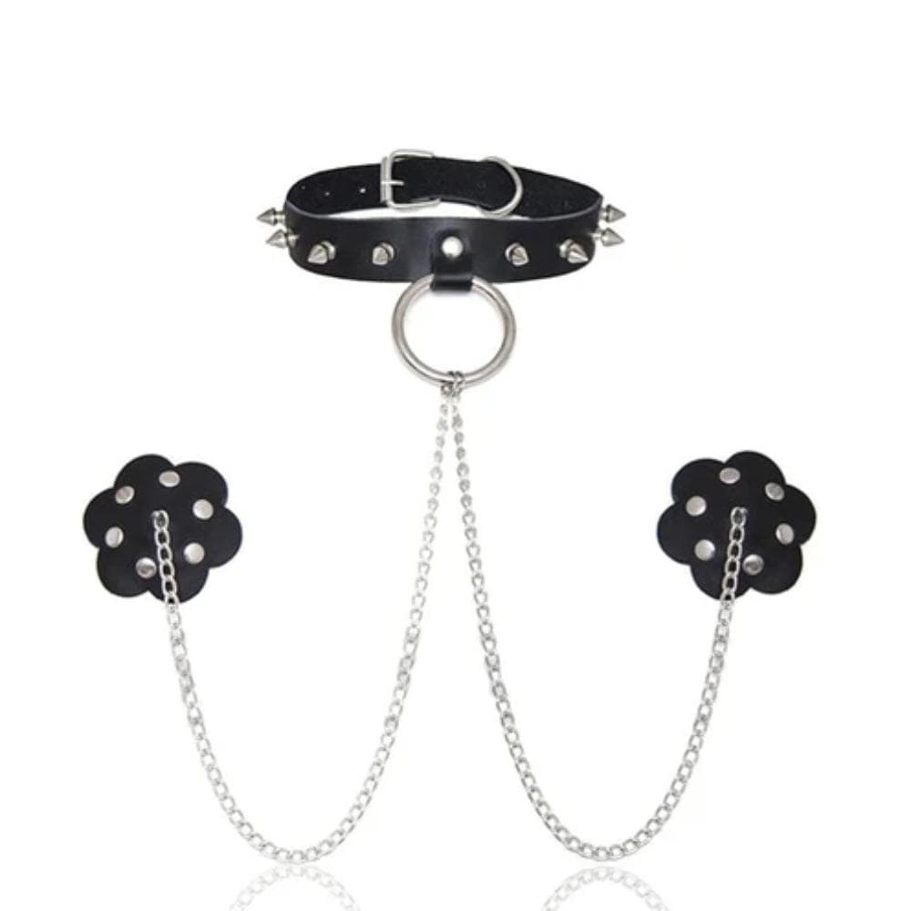Studded O Ring Choker With Nipple Covers