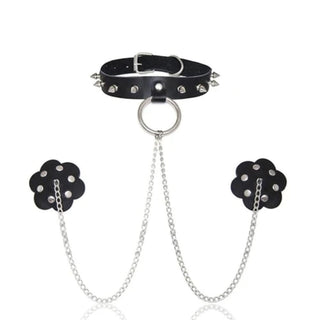 Studded with Spikes O Ring Choker With Nipple Covers product image featuring daring leather choker with spikes and O-ring.