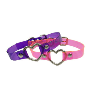 This is an image of Trendy Kawaii Collars Girls Love in mesmerizing shades of clear, pink, and purple with a heart pendant.