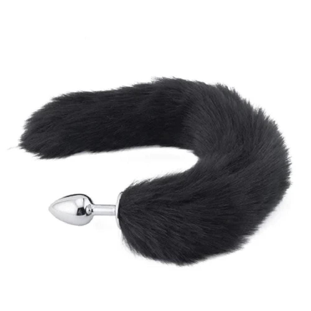 Midnight Black Wolf Tail Butt Plug with Stainless Steel Plug