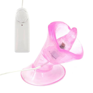 Displaying an image of Battery Operated Nipple Toy Wired Remote Vibrating Stimulator Tongue in pink color with a white remote control.