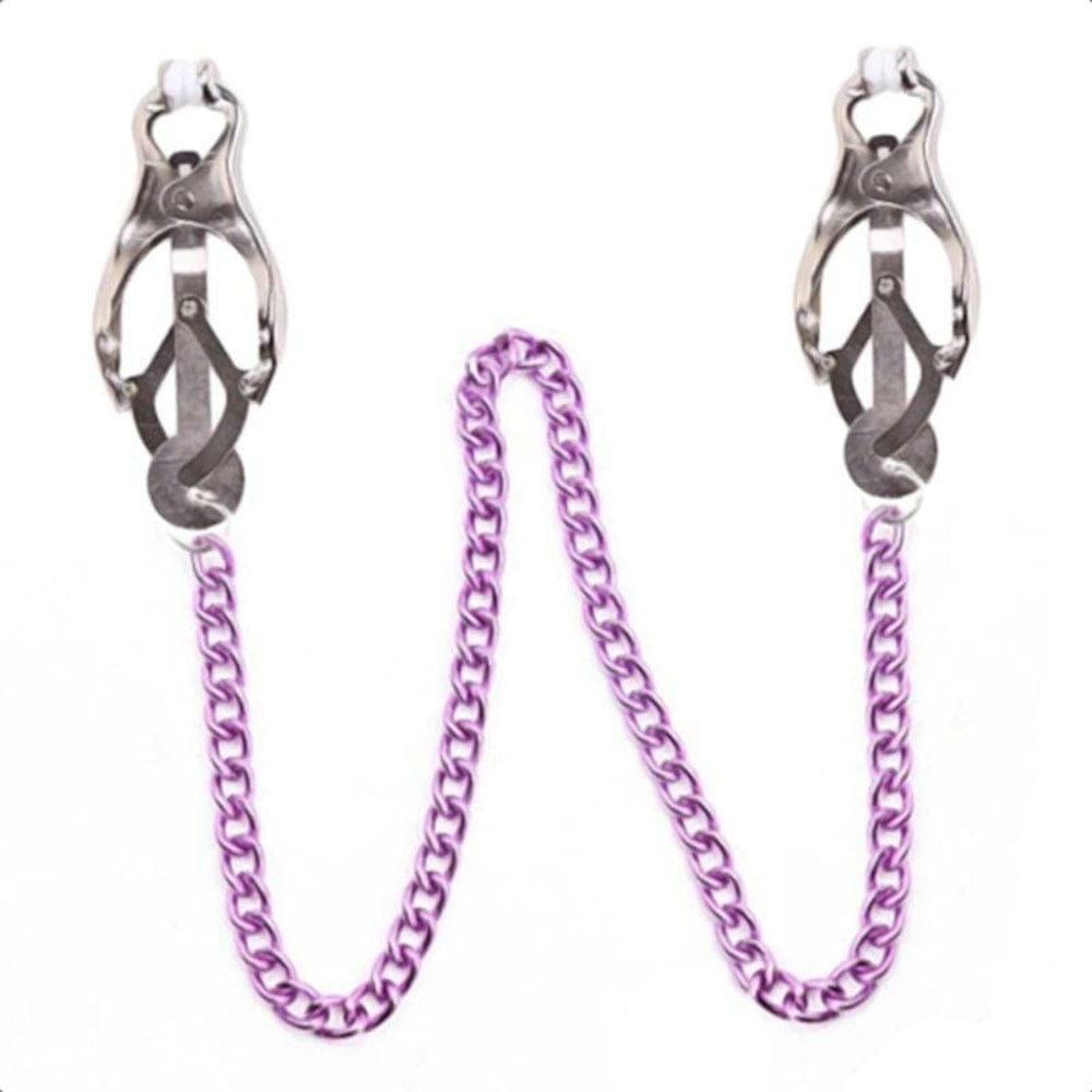 Charming Purple Nipple Clamps With Chain Non-Piercing Nipple Ring in a BDSM setting