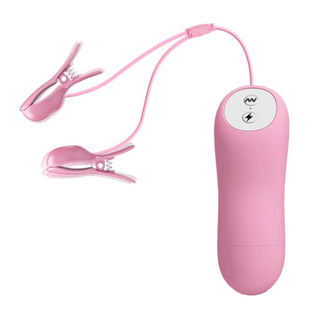 Displaying an image of Pink Vibrating Electro Nipple Clamps Set with remote control and clamps included.