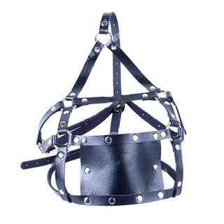 Feast your eyes on an image of Bondage Harness Gag with intricate vegan leather straps and a plastic ball gag for breathability and comfort.