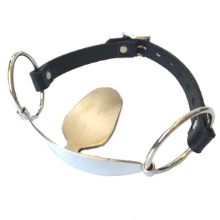 Here is an image of Stainless Steel Sex Gag with adjustable faux leather straps and dual O-ring attachments.