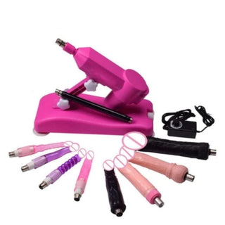 What you see is an image of Sassy Pink Automatic Dildo Sex Machine Set with detachable extension rod and four sturdy suction cups.