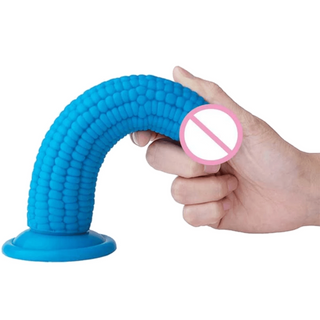 Displaying an image of the Blue Corn 8 Inch Fetish Fantasy Dildo with a strong suction cup base for hands-free pleasure.